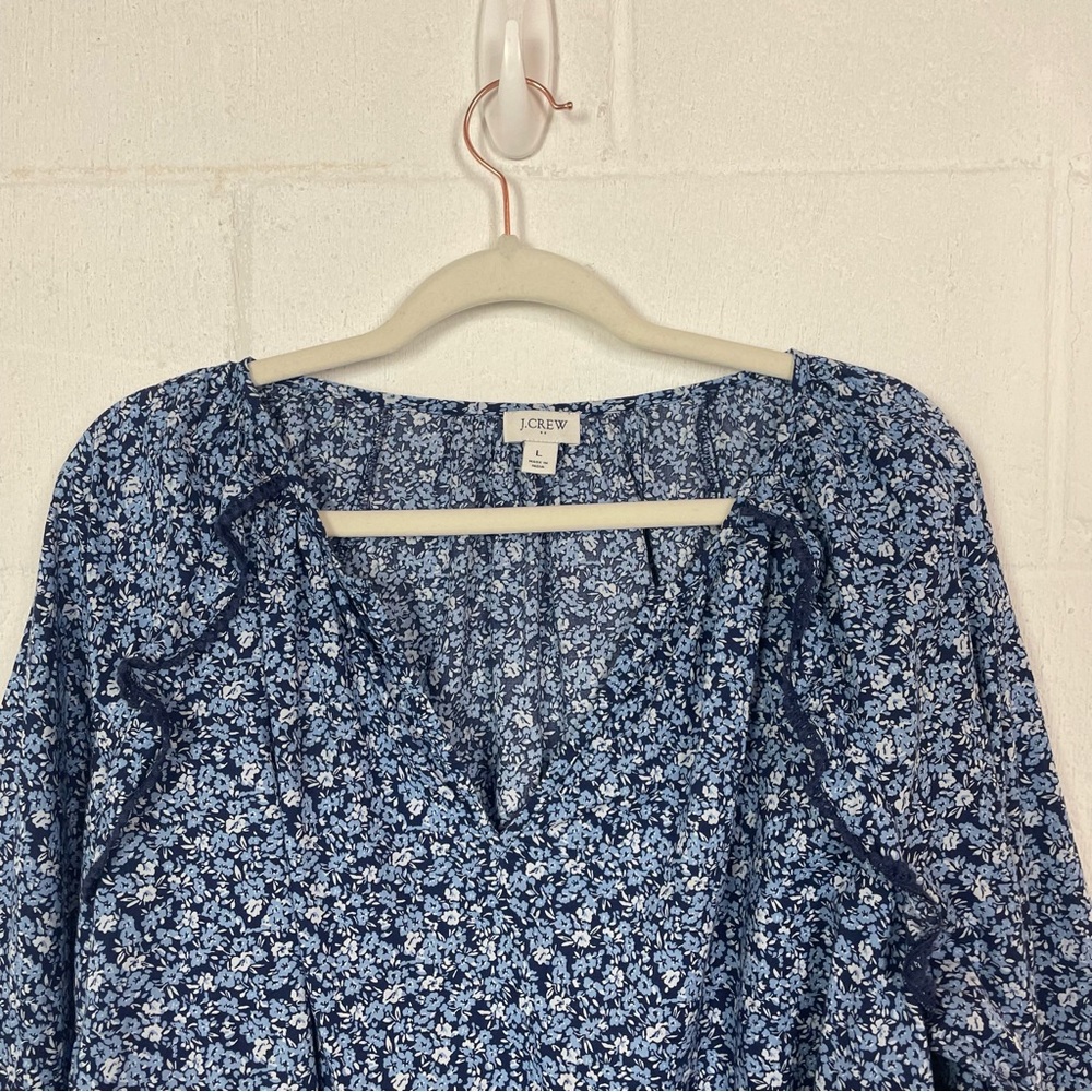 J. Crew V-Neck Popover Top Blue Floral Ruffles Balloon Sleeves Cottage Peasant L - Picture 2 of 13